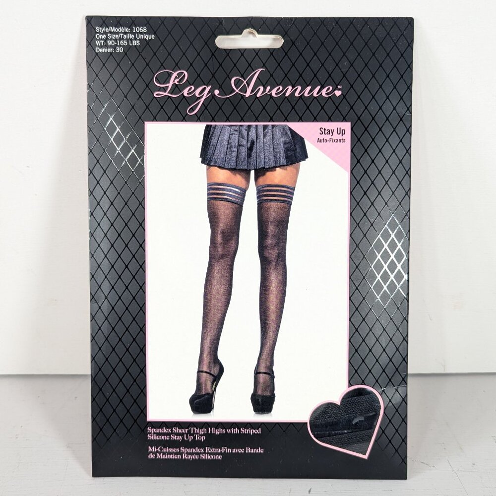 LEG AVENUE *Black* Striped Silicone Stay Up Top Thigh High Stockings